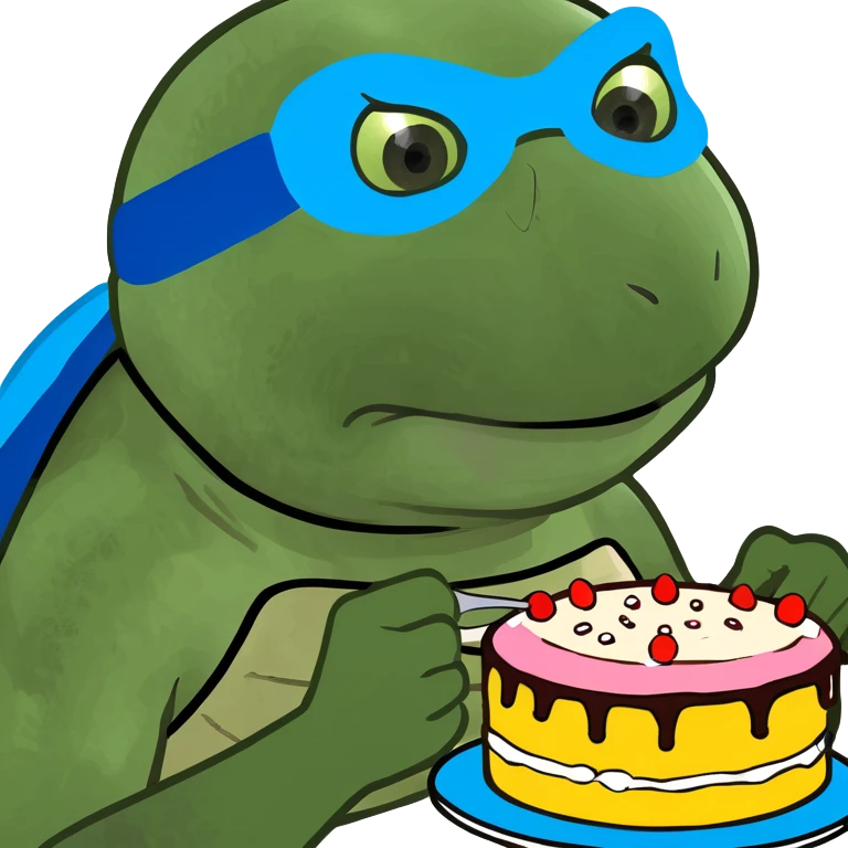 ninja turtle wearing blue eye mask eating cake with blue icing emoji