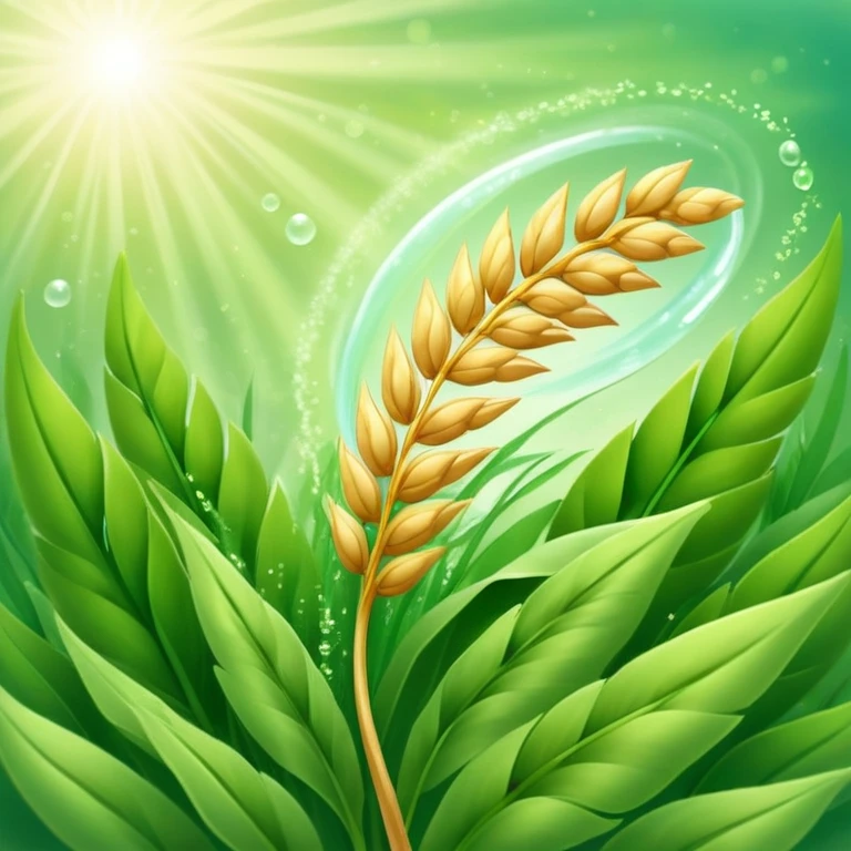 Golden wheat ear floating among green leaves and bright particles, spinning around an ethereal digestive system with soft light texture, while subtle cleansing waves pass through the air like a purifying spell emoji