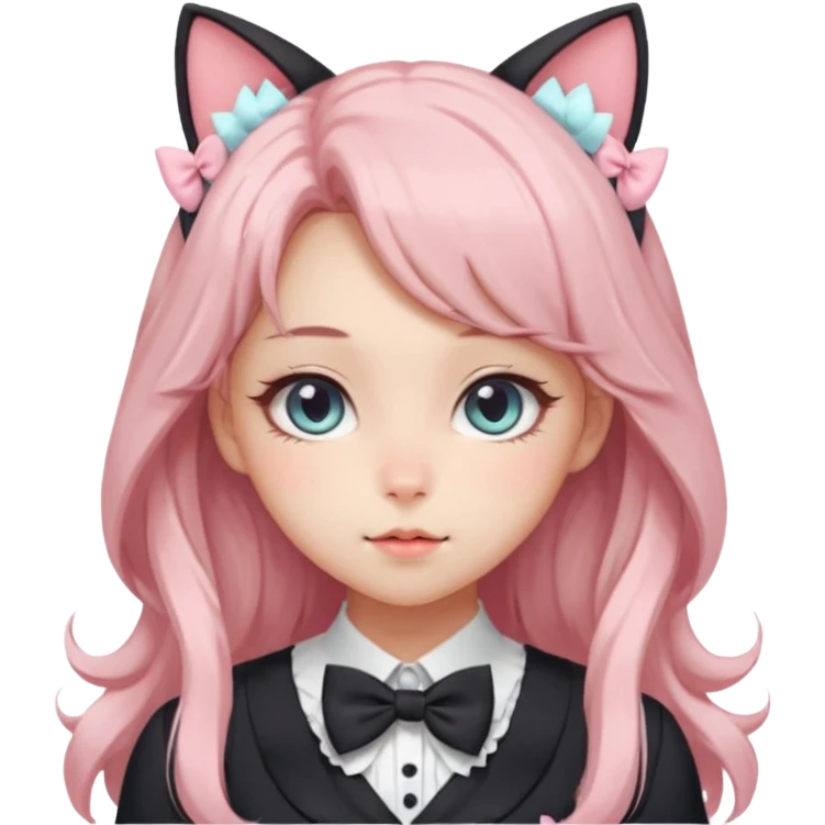 Gorgeous pastel anime style lady with blushing cheeks, cat ears, long beautiful Lucious stylish hair, big pretty eyes, cute dress and bow ties  emoji