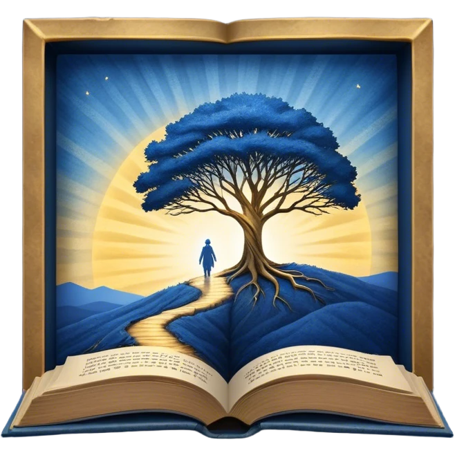 A deep blue-to-golden sunrise book with a textured, aged cover, featuring a lone figure on a path, a ray of light, or a tree with deep roots, radiating hope, purpose, and the power of finding meaning in adversity. emoji