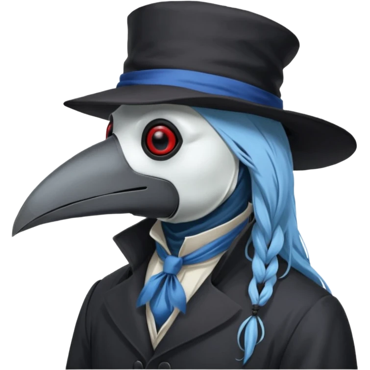 Plague Doctor with black flat beak mask, with light-blue beautiful hair, handsome sexy, long hair tendril bangs down on the sides, white lab coat, blue cravat, black feathers on shoulder, raven companion, black gloves, red eyes emoji
