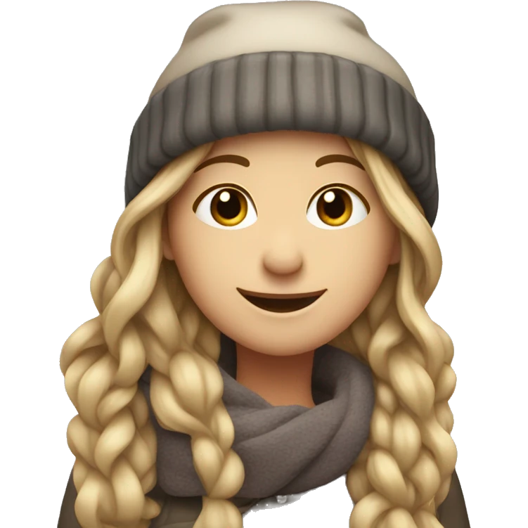 smiling girl with long dark blonde hair in a winter hat emoji