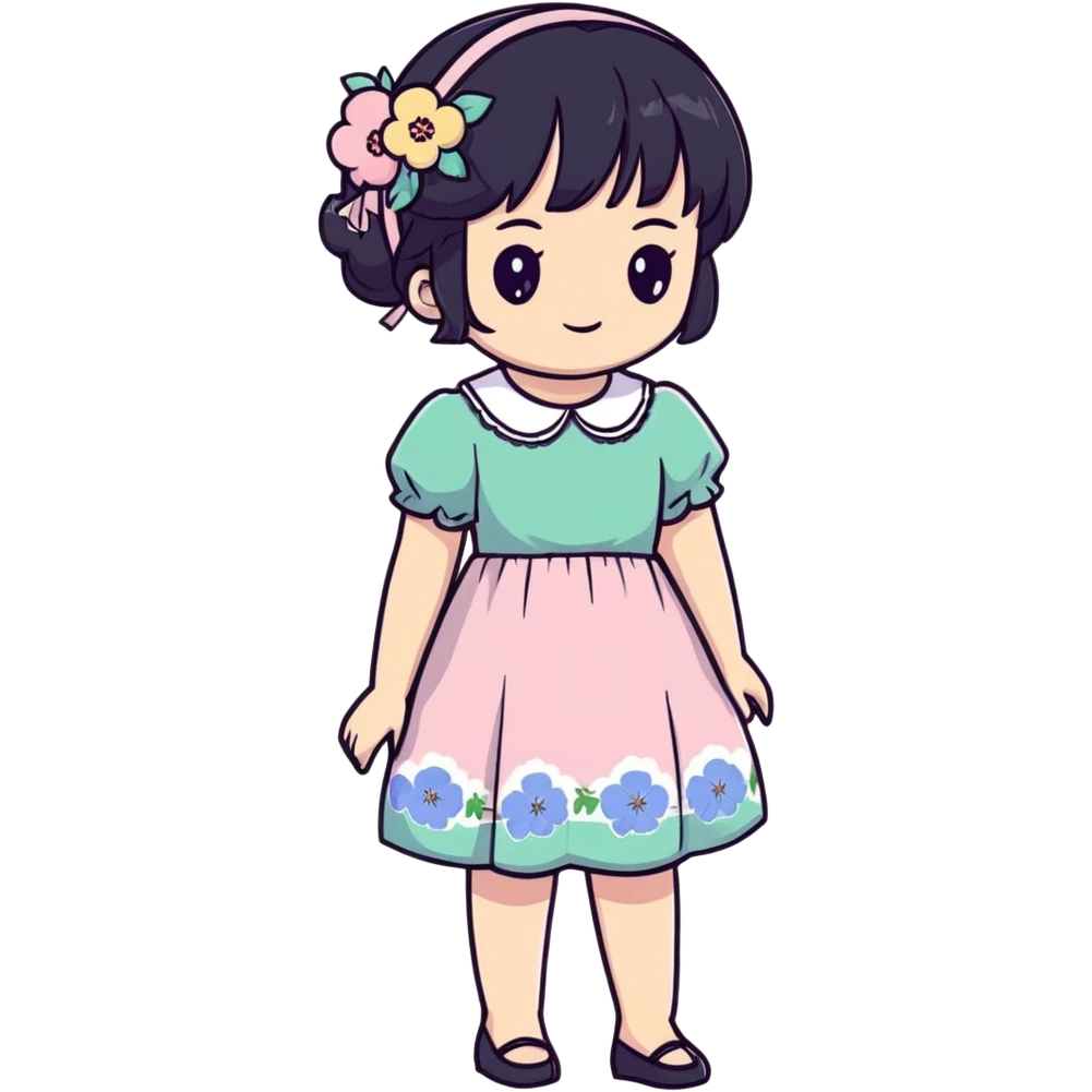 Adorable anime girl with black hair in a beautiful cottagecore dress with pastel colors and floral elements emoji