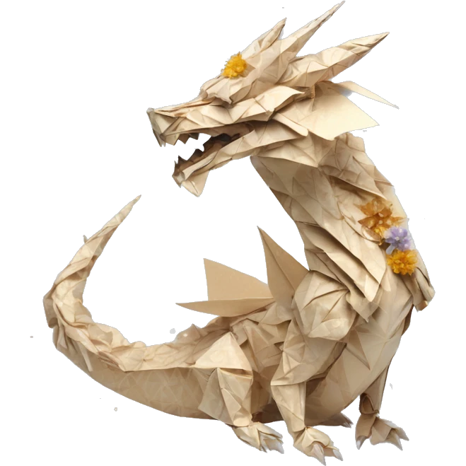 Sparkling patterned Beige Origami dragon with a dried flower crown made of newspapers intricate patterns surrounded by fairy lights nebula galaxy stars swirls iridescent holographic  emoji
