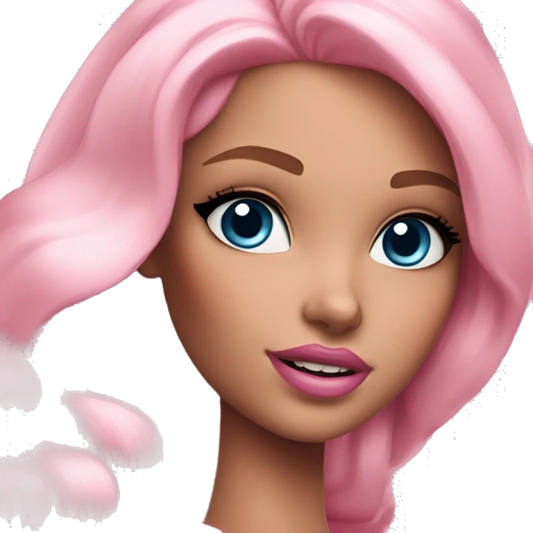 a beautiful girl with fair skin, blue eyes and long soft pink hair, with pink lipstick on her lips. looks like barbie emoji