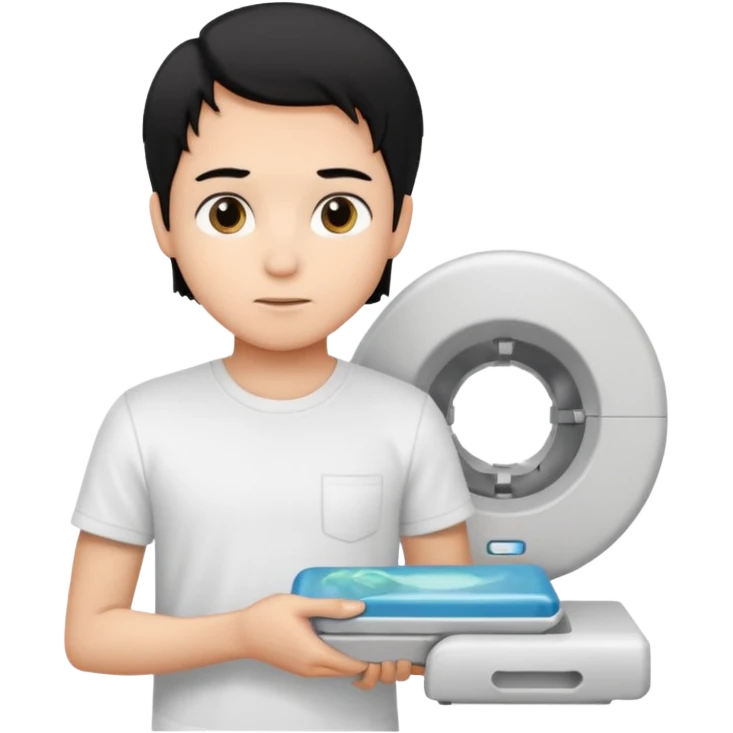 generate a pretty bratz emoji of a boy with black hair wearing a white tshirt and holding a cT emoji
