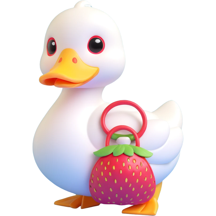cute white duck with a strawberry-shaped shoulder bag, kawaii 3D style, pastel colors, big shiny eyes, soft lighting, iOS 18 look, duck facing forward emoji