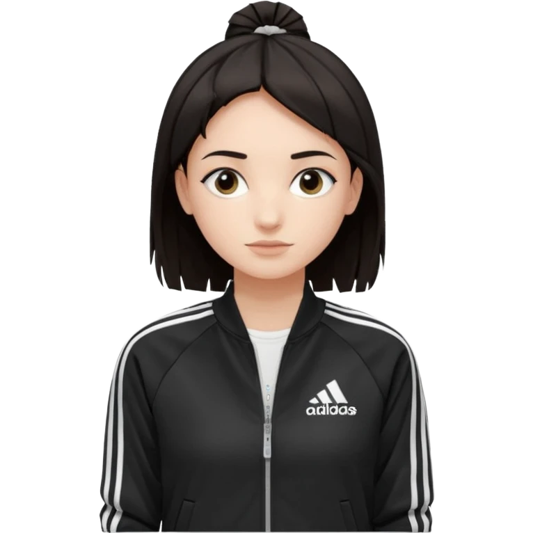A girl with  medium length, dark hair, fair skin. The style is a layered cut that falls around her shoulders. wore black Adidas track jacket with white stripes on the sleeves. It has a full zipper down the front, a stand-up collar, and the Adidas logo on the right chest emoji emoji