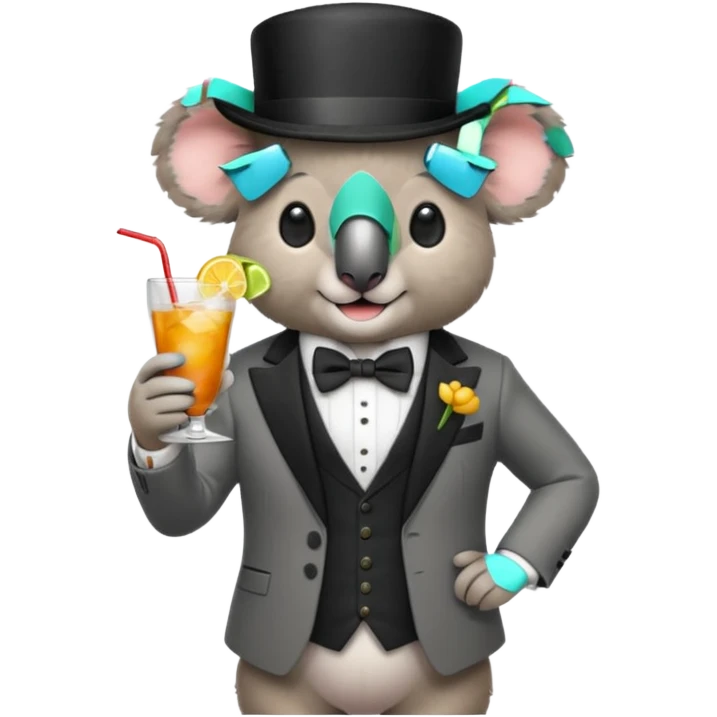 koala wearing suit, bowtie and top hat, holding a glass of drink emoji