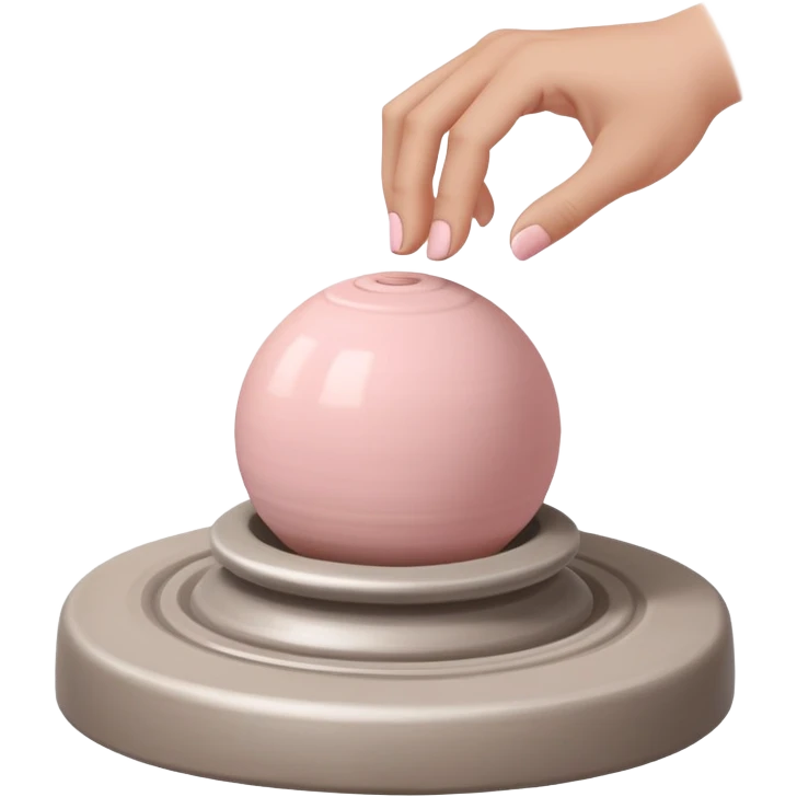 hand hovering over a centered pink ball of clay on a silver pottery wheel, not touching it yet, sensing position before contact emoji