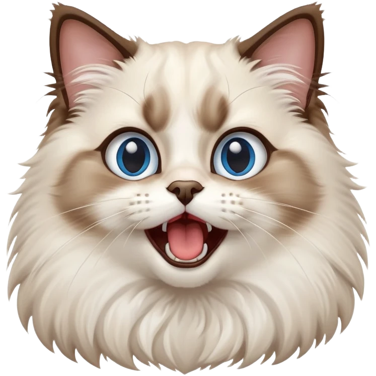 cinematic-adorable-big-eyed-fluffy-ragdoll-cat-portrait-emoji,-head-tilted-playfully-with-a-cute,-yawn,-white and brown fur,-simplified-yet-irresistibly-cute-features, blue eyes emoji