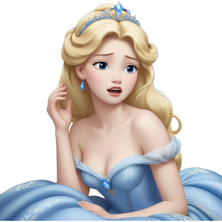 Cinematic Realistic Yawning Cinderella Portrait, showcasing lifelike porcelain skin and intricately detailed golden-blonde hair styled flawlessly as she mid-yawn reveals a moment of tender vulnerability. Her half-closed blue eyes and relaxed expression are rendered with natural, soft lighting that emphasizes the subtle textures of her face and the detailed, flowing fabric of her iconic gown. The scene glows with a cozy, authentic warmth that captures a rare, intimate moment of repose. emoji