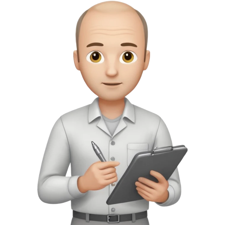 man mid 30's shirt and trousers balding hairline standing holding a clipboard emoji