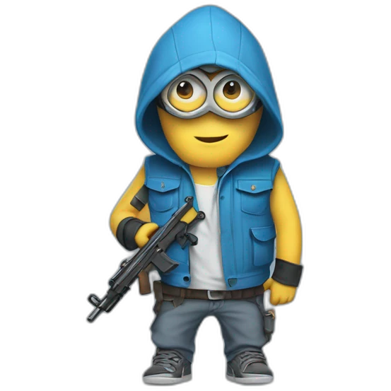 baby minion  in gray pants in a blue sleeveless shirt in a hood and with a collar with two pistols in his hands holds them on both sides raised emoji