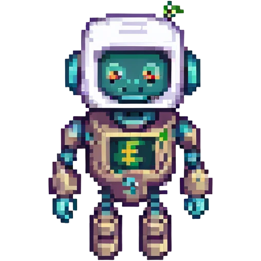 pixel art robot mascot for a finance app, friendly and modern, with subtle money or finance elements emoji