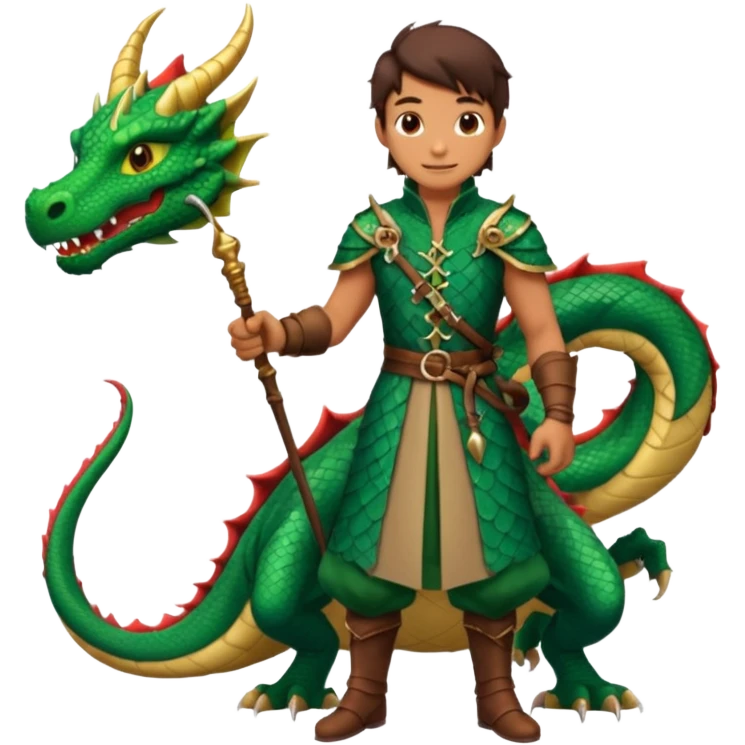 a dragon tamer with a whip in his hand in medieval time with a dragon next to him emoji