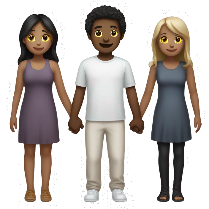 Two girls and one guy holding hands, all white skin emoji