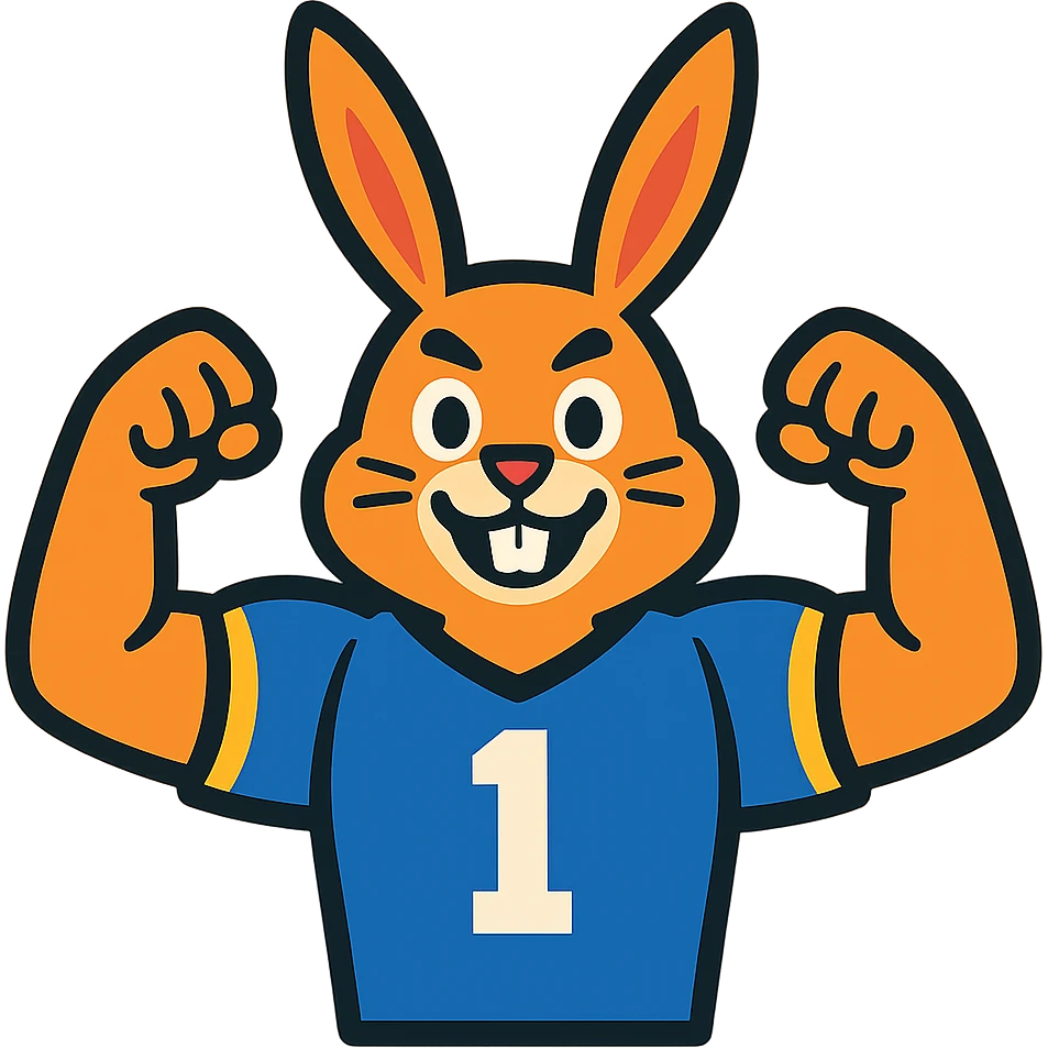 bunny mascot wearing a blue football jersey, flexing emoji