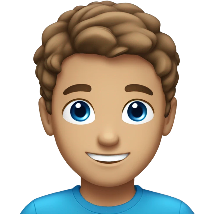 smiling boy in blue shirt, bright blue eyes, brown hair, no facial hair, tan skin emoji
