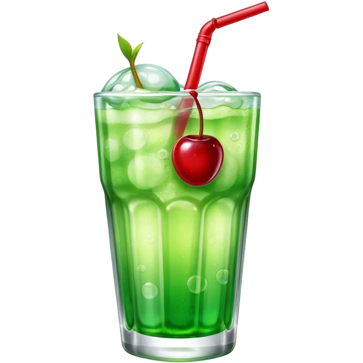 Create an emoji with a clear rounded glass, bright transparent green soda with fine bubbles, a smooth vanilla scoop, a glossy red cherry, using vibrant colors, soft shading, and clear glass highlights.
 emoji