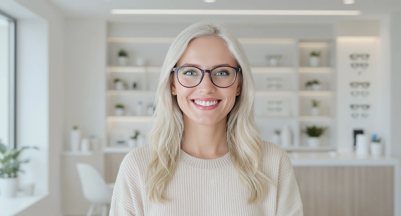 Cinematic still, Proffesional advertising of a smiling european white woman with glasses smiling, minimalistic ophthalmologist interior in background, leading  lines, "rule of thirds", 60/30/10 colors, soft light emoji