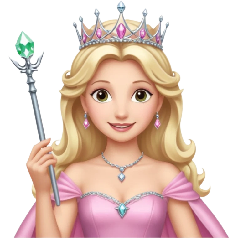 glinda the good witch from wicked movie, blonde hair, beautiful, big silver thin tiara, wand, pink gown emoji