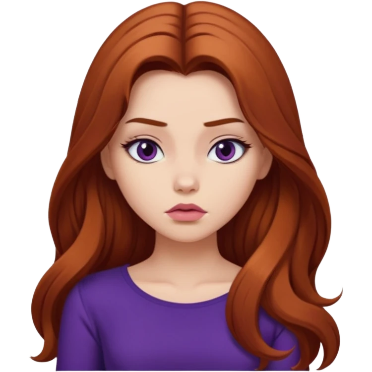 Gorgeous girl with volume auburn extra long hair cleavage dark purple top pouting emoji