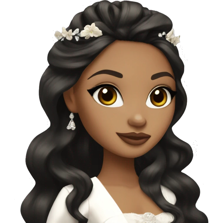 Bratz, bride, black wavy long hair, olive skin, brown almond cat eyes emoji