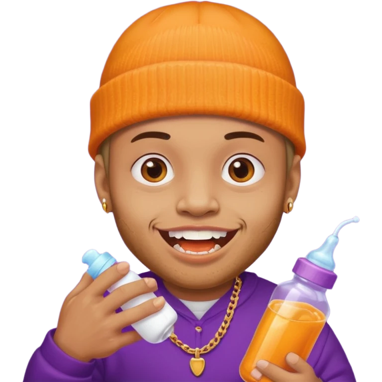 guy with orange beanie with gold teeth grillz holging a baby bottle with purple liquid emoji