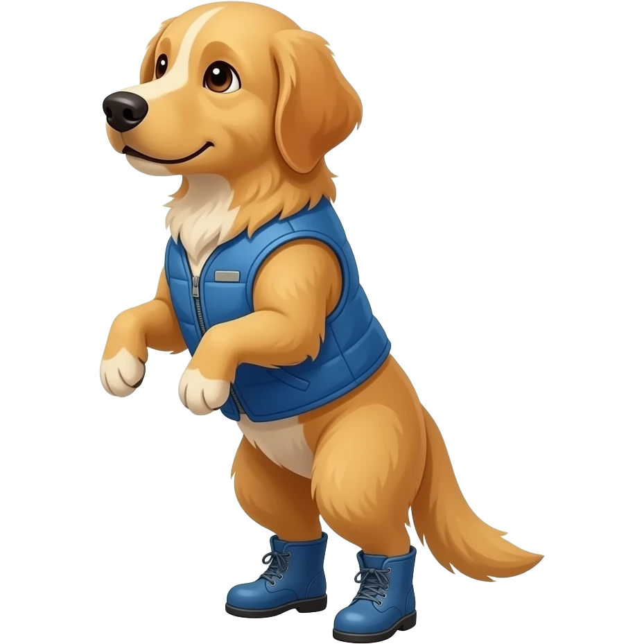 Make me a yellow and brown dog, a golden retriever, with floppy ears, that stands on two legs, has a white patch on its chest, wears a blue vest and boots Draw it in a cute cartoon style. do it in profile emoji