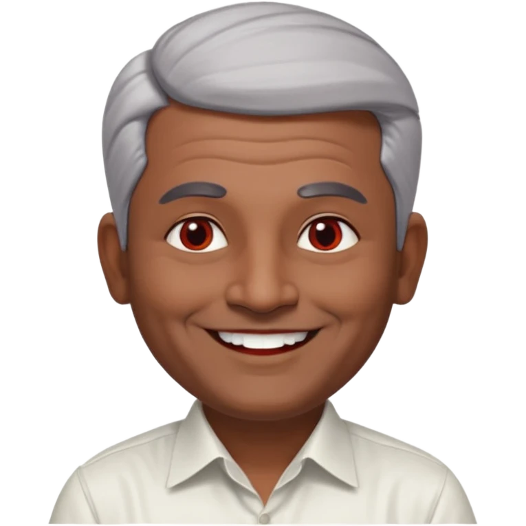 50 yr old indian man, dark skin, grey hair, big smile, white teeth, chubby, no moustache, clean shaven, young style hair, hair brushed back, 5 oclock shadow, bindy, dress shirt, forehead dot, chubby, religious, red dot, fancy hair emoji