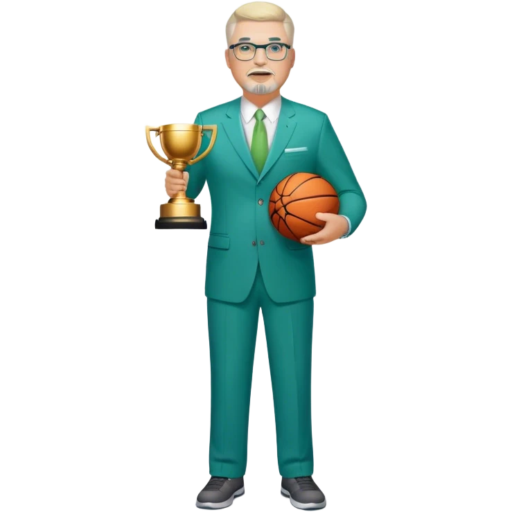 Full Body white middle aged male plus size wearing glasses with a goatee with light blonde and gray very short hair basketball head Coach in blue and green suit holding trophy emoji
