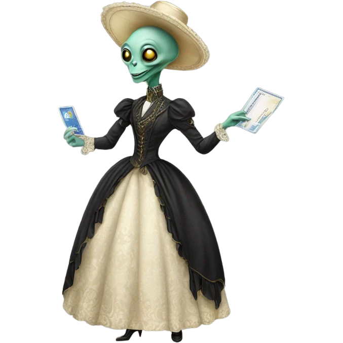 alien galora in Victorian dress elegant, full body, holding big credit card emoji
