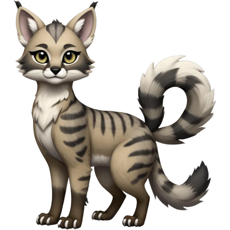 Cute kawaii cool edgy badass  ashen grey fur with smoky charcoal ombré fade fantasy-caracal-civet-genet-sergal-vernid-Gryphon-Cacomistle-Trico-oncilla-animal-Fakémon-hybrid-fursona (full body), facial markings, (realism style) emoji