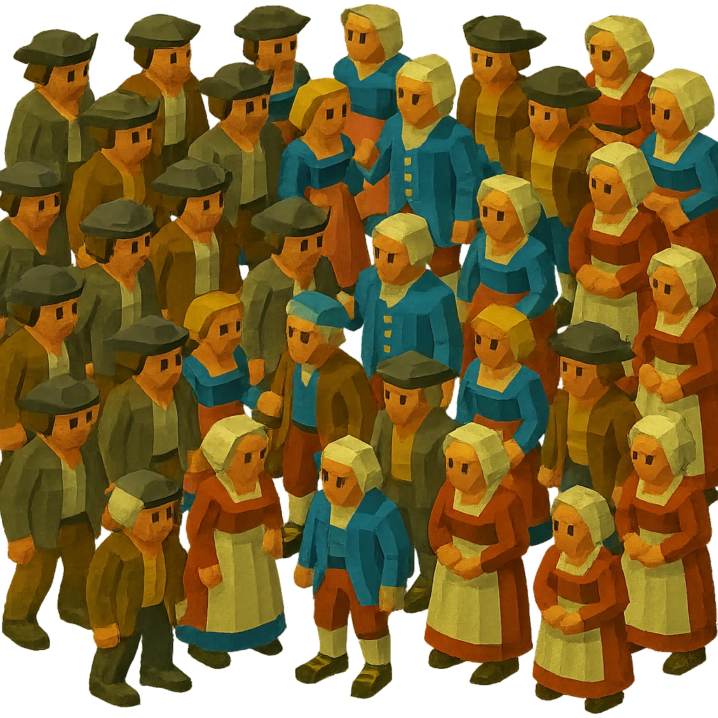 Make the 18th century crowd much larger, isometric view, no background, low poly 3d style. emoji