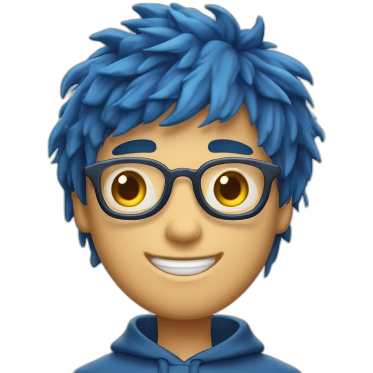 Un garçon aux cheveux châtains foncé mi-longs avec une frange à gauche lui tombant sur l'oeil avec les yeux bleus portant un sweat à capuche bleu qui pleure de rire emoji