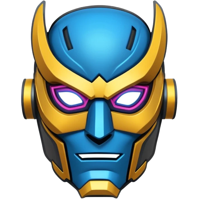 "Stylized sticker of a mechanical superhero mask, urban graffiti style, sharp edges, neon light accents, thick contour lines, high contrast, matte finish, isolated on white." emoji