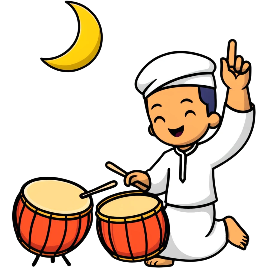 person beating a drum and chanting 'tung tung tung sahur' in a festive Ramadan night setting emoji