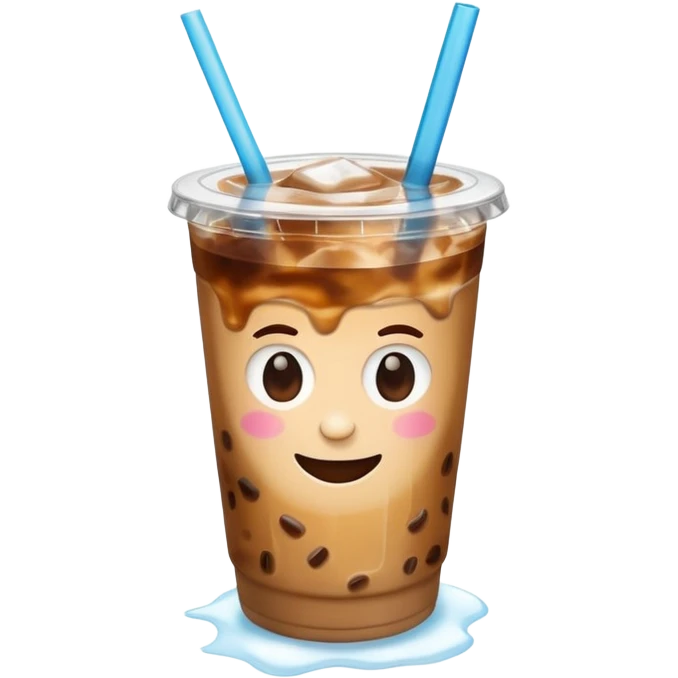 A 3D cartoon plastic cup of iced coffee with straw, clear lid, ice cubes floating, realistic condensation, bright sunlight, Memoji-style. emoji