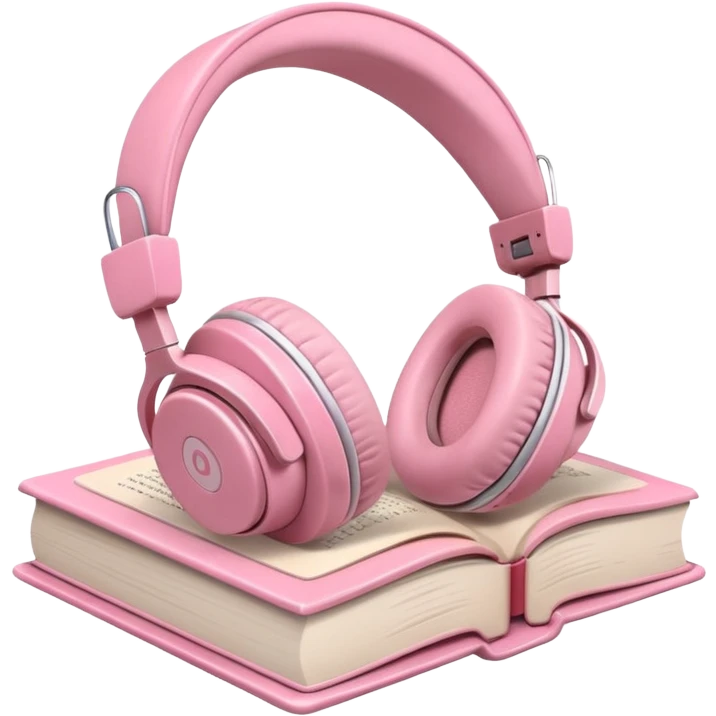  pink pair of modern headphones resting on top of a closed book, soft shadows, realistic style, calm and cozy mood, isolated on transparent background emoji
