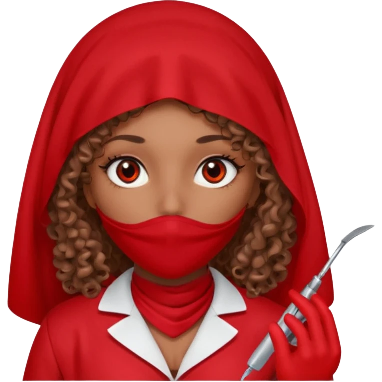 Lilith scalpel in hand, evil surgeon sexy surgeon clothes.  She has red eyes. She brown long curly hair. Wears sexy doctor outfit with red gloves. Covers mouth necknose with red burka to hide her identity emoji