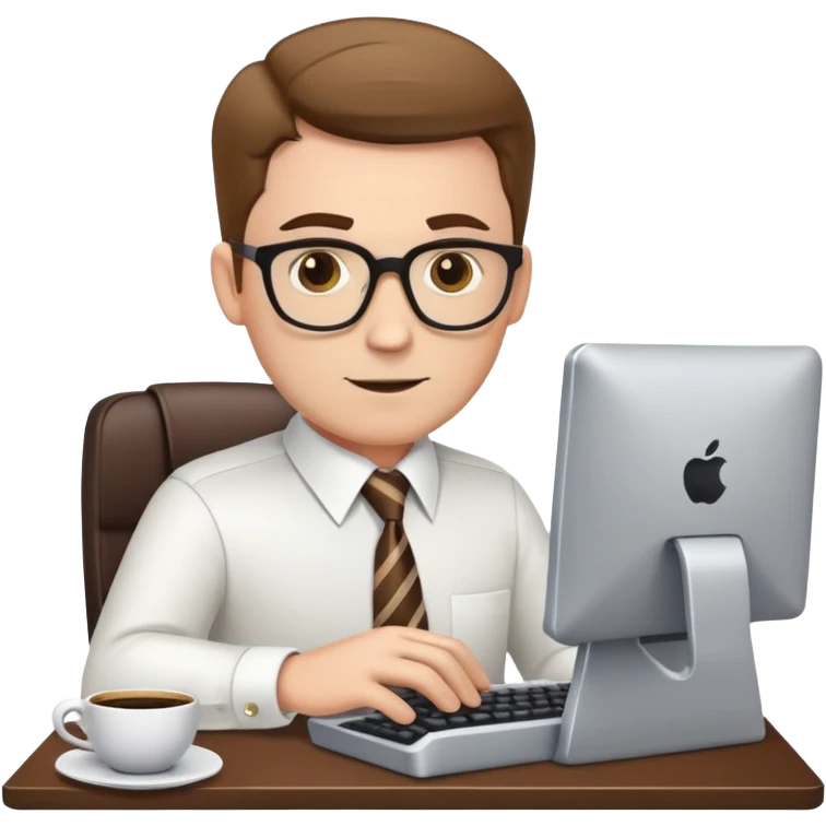 white journalist man in shirt and tie, typing on a computer, coffee cup nearby emoji