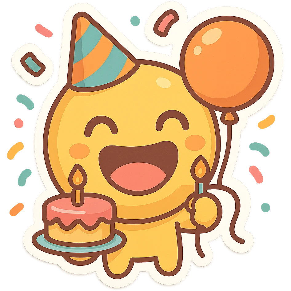 festive emoji with big smile, party hat, holding cake and balloon, confetti falling, bright playful cartoon colors emoji