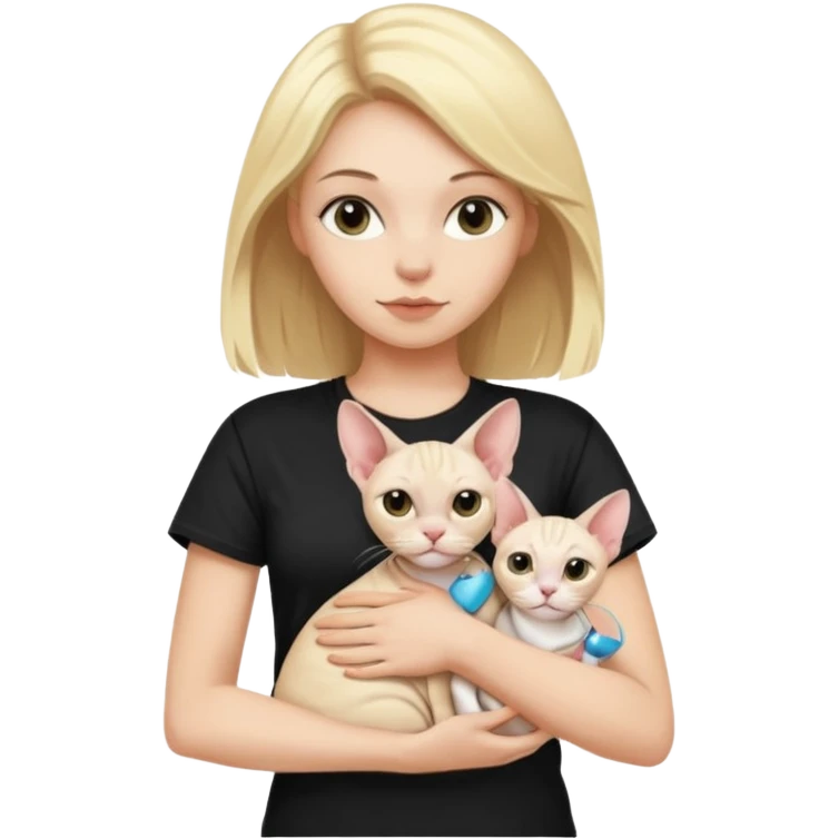 A white girl with blonde hair black T-shirt is holding a white Sphynx girl cat in her arms emoji