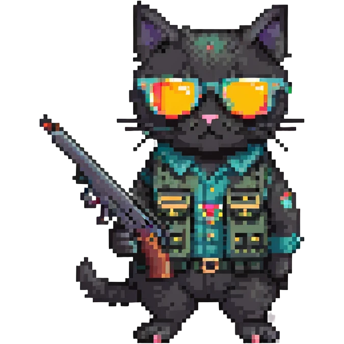 black cat with sunglasses and a gun emoji