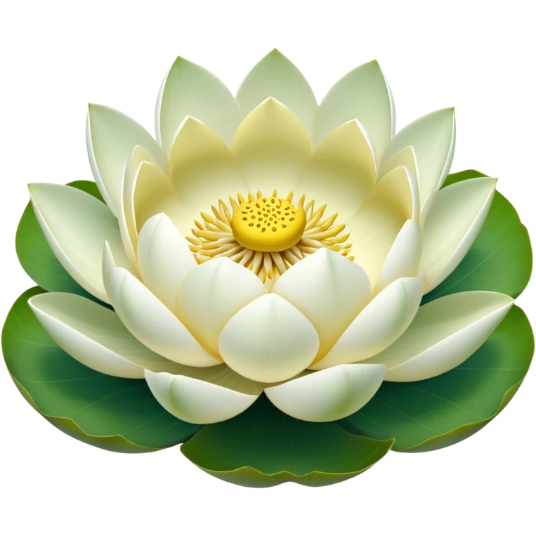 Pure white lotus flower with botanically accurate yellow seedpod center with distinct holes pattern, surrounded by pristine white petals and floating on a green notched lotus leaf emoji