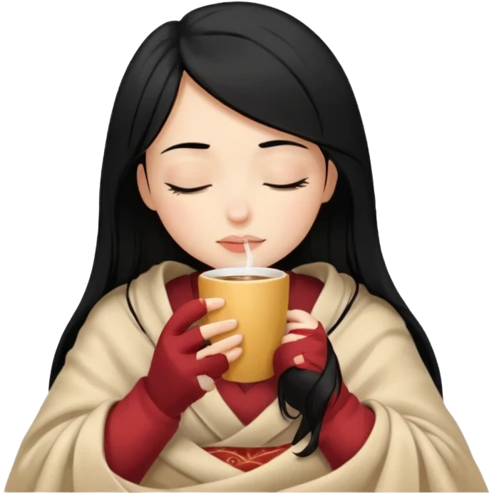 black hair girl long hair inside a beige blanket sipping coffee eyes closed emoji