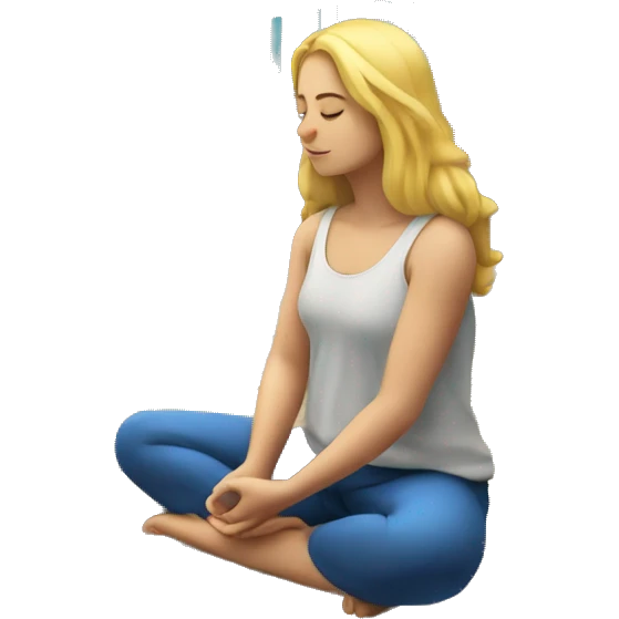 Blonde girl meditating on a wooden deck facing the ocean emoji