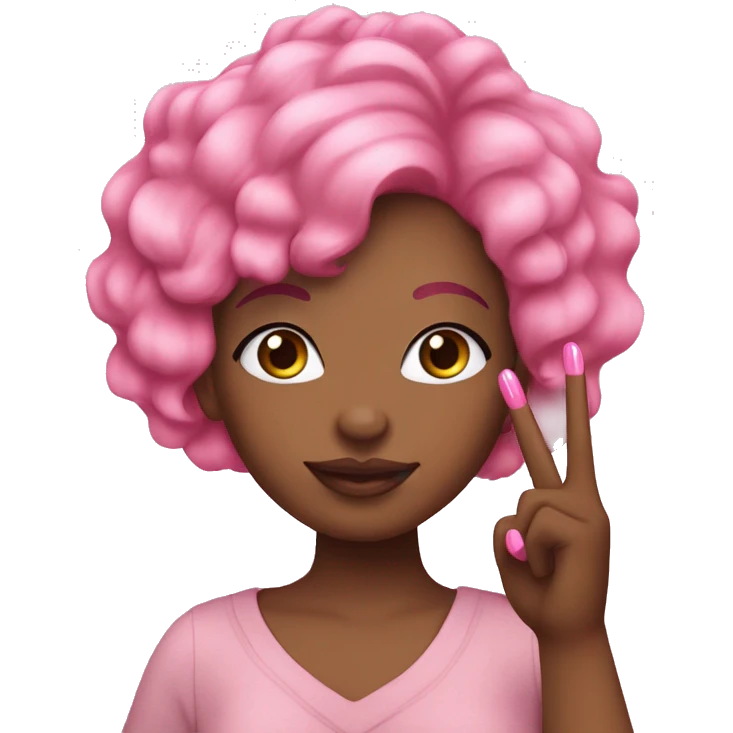 Pink haired African American woman  putting up peace sign with pink nails emoji
