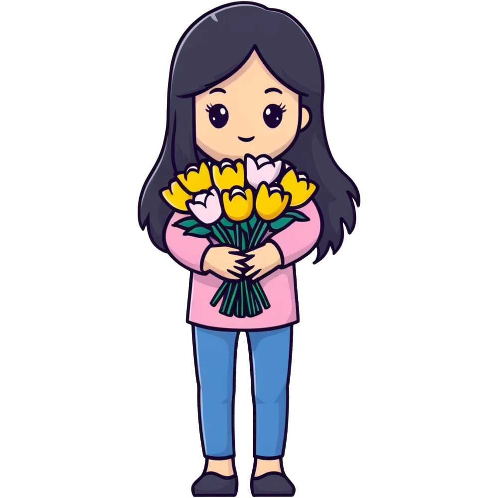 beautiful girl with long black hair holding a bouquet of flowers emoji
